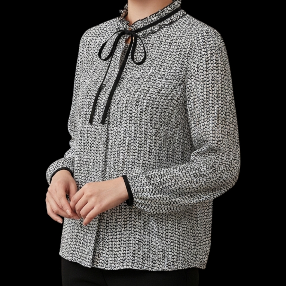 Go by Go Silk Black & White Blouse Medium Long Sleeve Snap Up Geometric Print